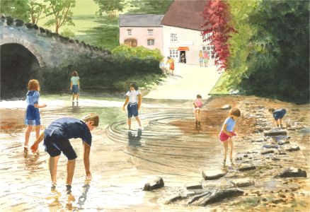 Gordon Metcalfe (b.1935) - Contemporary Watercolour, Children Playing in a River