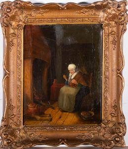 Mid 19th Century Oil - Dinner by the Hearth