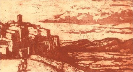 Ronald Olley (b.1923) - Etching, Town View with Mountains in the Distance