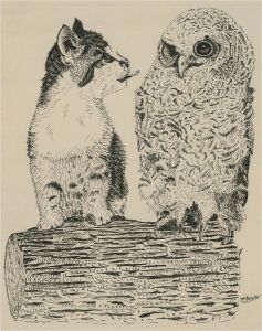 N.K. Day - 1995 Pen and Ink Drawing, Owl and the Pussycat