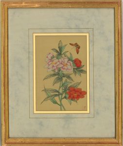 20th Century Watercolour - Butterfly And Blooms