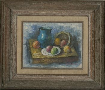 W. Adams - Contemporary Oil, Blue Vase and Fruit
