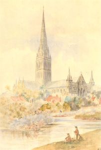 20th Century Watercolour - Fishing by the Cathedral