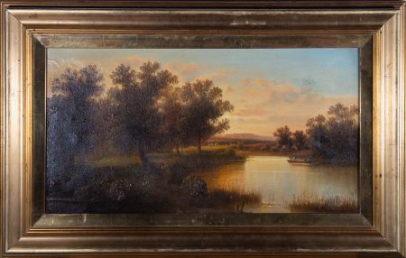 Late 19th Century Oil - Sunset River View with Small Boat