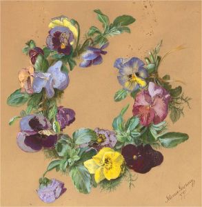 Selma Gaspary - Signed 1877 Gouache, Wreath of Flowers
