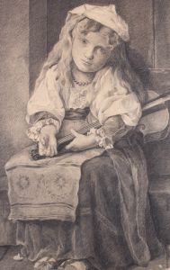 Manner of Leon Jean Basile Perrault (1832-1908) - Charcoal Drawing, Violin Girl