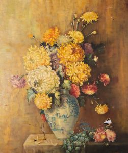 A. Gunn - For Restoration Early 20th Century Oil, Flowers in a Chinese Vase