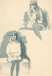20th Century Watercolour - Study of a Seated Girl in Blue