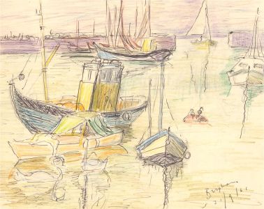 1961 Coloured Pencil - View with Boats, Brixham