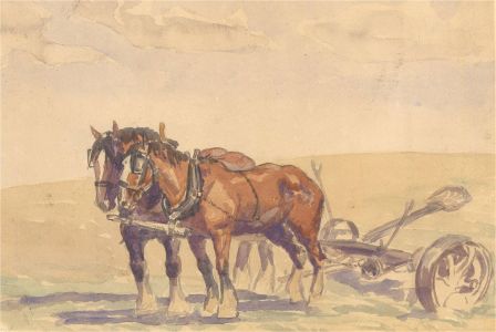 W. Goodman - 1935 Watercolour, Horse Ploughing