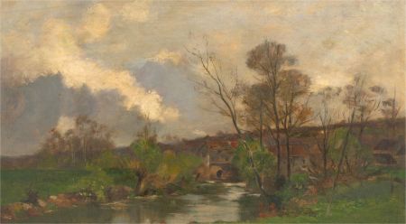 Early 20th Century Oil - A River Scene with Cottages and Trees