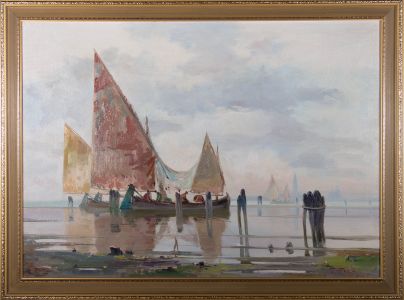 E. Noretti - 20th Century Oil, Venetian Boats