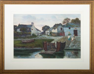 Joseph William Milliken (1865-1945) - 1884 Watercolour, Coastal Village at Dusk