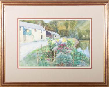 20th Century Watercolour - Rural Lane with Flower Garden