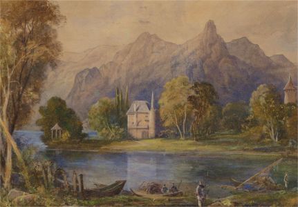 Late 19th Century Oil - Mountainous Lake Scene with Fishermen