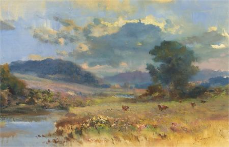 Mid 20th Century Gouache - Grazing by the River