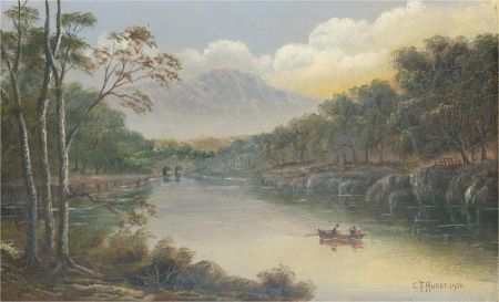 C.F. Hurst - 1926 Oil, Boating on the Mountain River