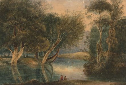 Late 19th Century Watercolour - Fishing on the Riverbank