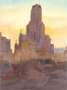 Mid 20th Century Watercolour - Backlit City View