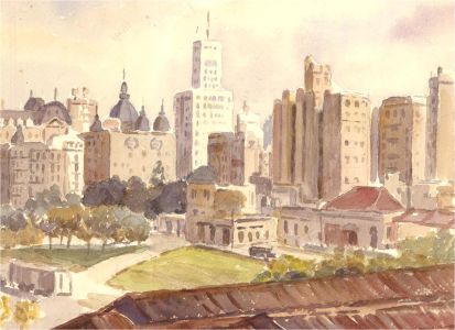 Mid 20th Century Watercolour - City View with Park