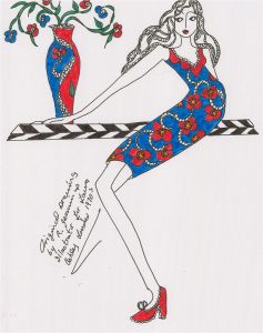 Roz Jennings - 20th Century Pen and Ink Drawing, Floral Cocktail Dress