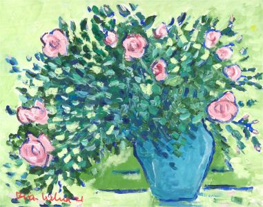 Brian William - 2021 Oil, Pink Roses Blue Vase