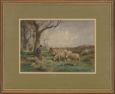 Frank Brissot (Act.1879-1881) - Watercolour, Shepherd and His Sheep