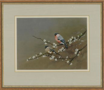 Henry Bruce - 1989 Watercolour, Bullfinches on Blackthorn
