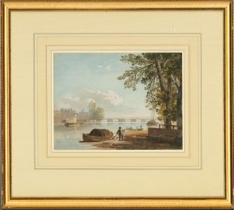19th Century Watercolour - River Bridge, Boats and Figures