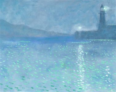 St. Ives School - Contemporary Oil, St. Ives Harbour Lighthouse at Dawn