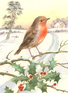 20th Century Watercolour - Robin on a Holly Branch