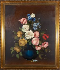 R. Rosini - Mid 20th Century Oil, Flowers in Blue Vase