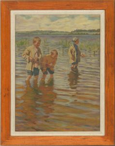 Mid 20th Century Oil - Three Boys Fishing
