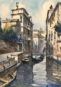 Sirol - A Pair of 20th Century Watercolours, Venice Canal Scenes