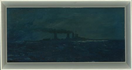 Framed Early 20th Century Oil - Steam Battleship at Dusk