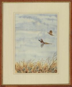 Simon Arkwright - 1991 Watercolour, Flying Pheasants