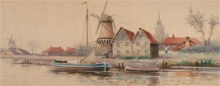 J. Van Steen - Signed Late 19th Century Watercolour, Windmills on the River