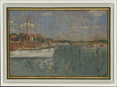 Pietro Salvatore  - 20th Century Oil, Boats in Harbour