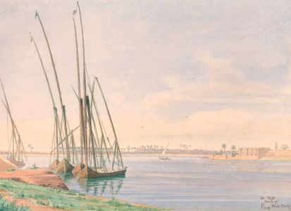 F.P - Egyptian School 1928 Watercolour, Feluccas on Nile