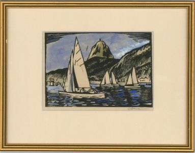 Oscar Pollak (1907-1980) - Mid 20th Century Woodcut, Boats By The Hill