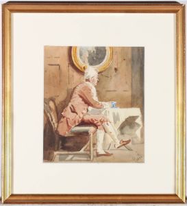 M.R - Framed 1878 Watercolour, Afternoon Tea