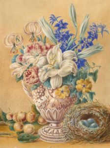 Early 20th Century Watercolour - Still life of flowers & Bird's Nest