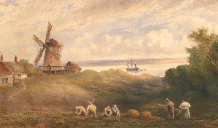 Henry Maplestone (1819-1884) - Watercolour, Workers by the Windmill