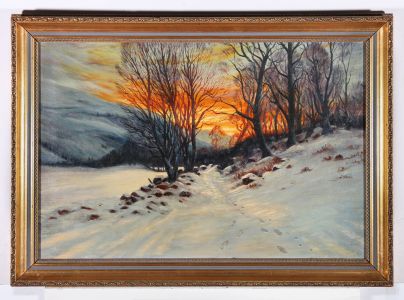 Manner of Walter Launt Palmer (1854-1932)- Mid 20thC Oil, Blazing Sunset On Snow