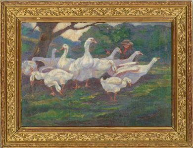 M. Barwick - Early 20th Century Oil, Herding Geese