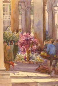 Roland G. Barker - 1905 Watercolour, Florence Flower Market