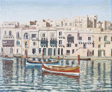 1965 Oil - Maltese View with Boats