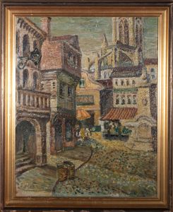 J. Myerson - Mid 20th Century Oil, Continental Street Scene