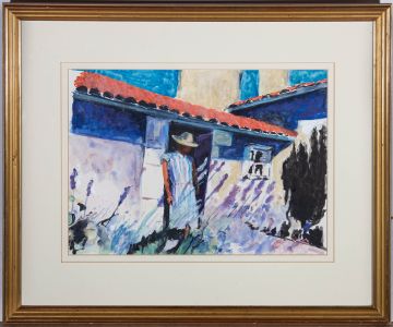 20th Century Gouache - Woman in the Lavender Garden