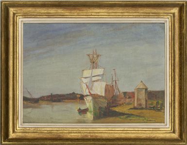 L. Bracewell  - 1935 Oil, Sailing Boat at the Jetty
